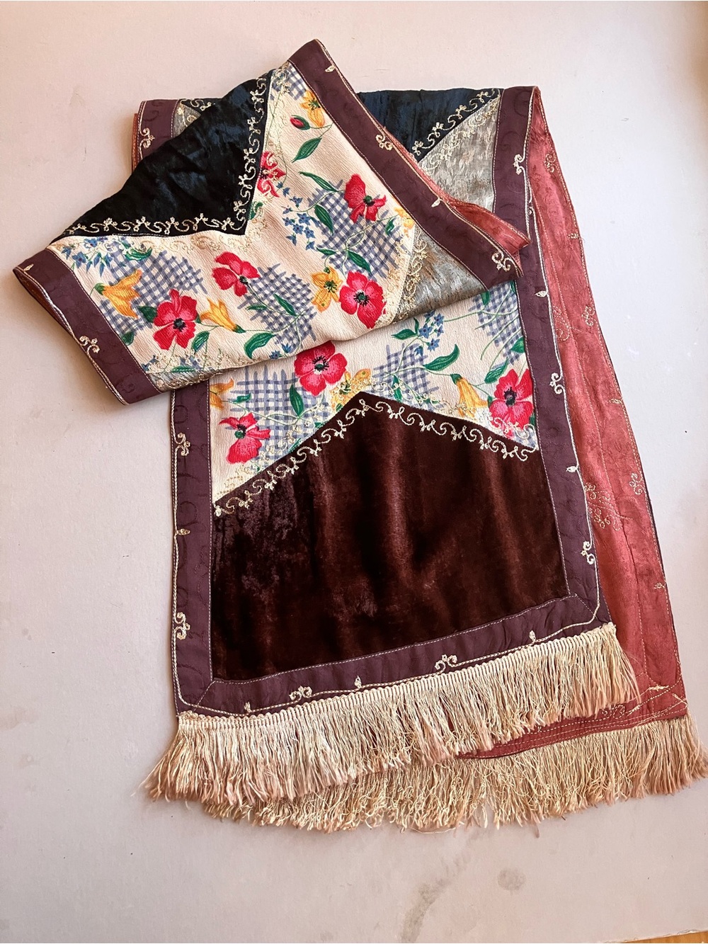 Floral Velvet Fringe Shawl Wrap in Brown & Cream